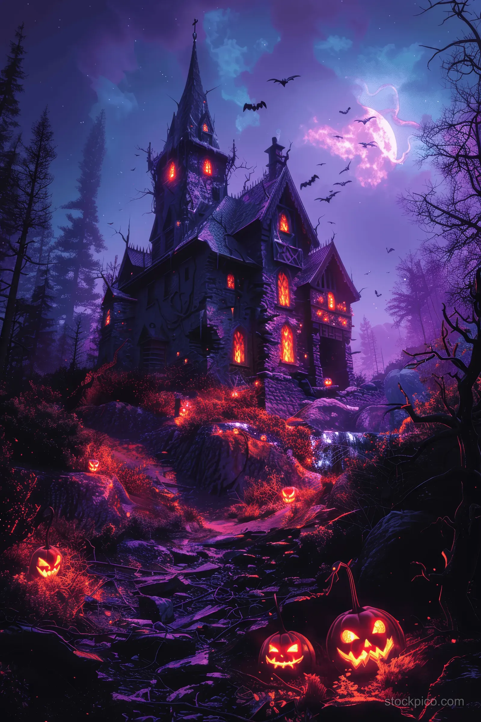 Haunted house sits in dark woods at night surrounded by glowing jack-o’-lantern pumpkins and flying bats.