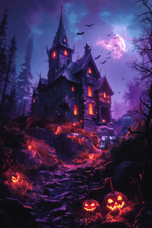 Haunted house in dark woods at night with glowing pumpkins and purple fog