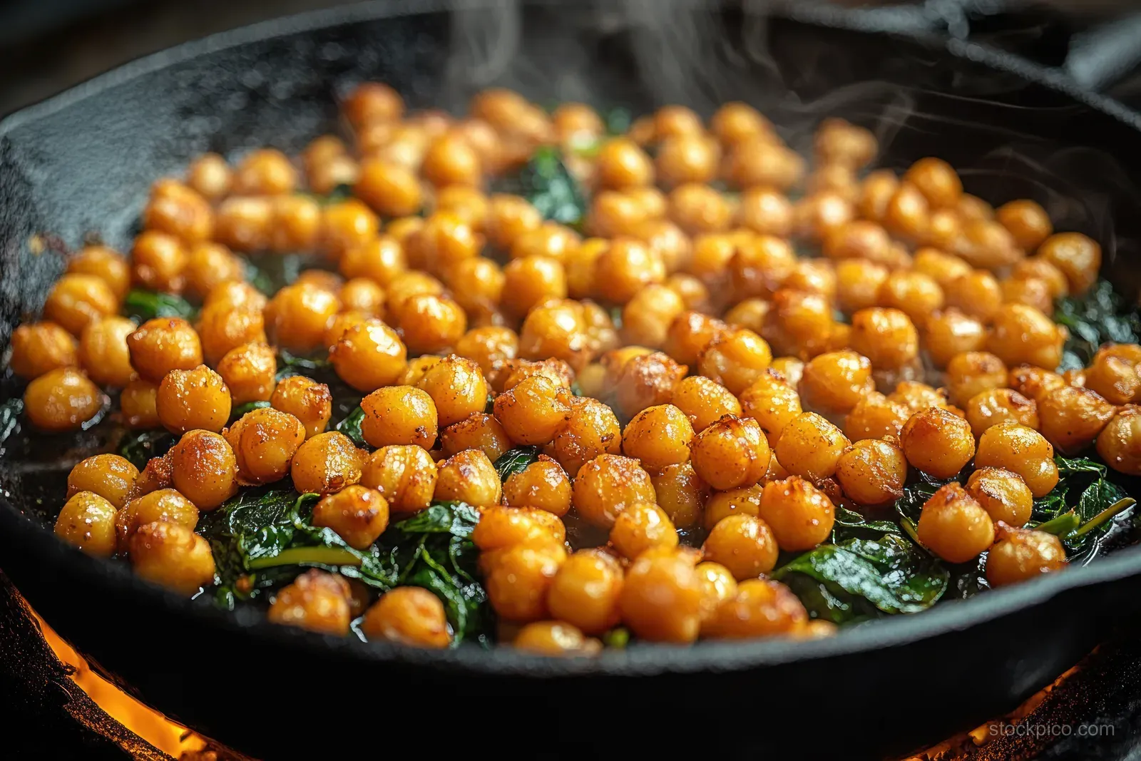 Golden chickpeas and green kale sizzle in a cast iron skillet over an open flame as steam rises.