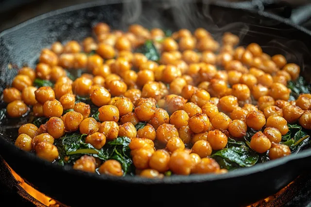 Golden chickpeas and green kale sizzle in a cast iron skillet over an open flame as steam rises.
