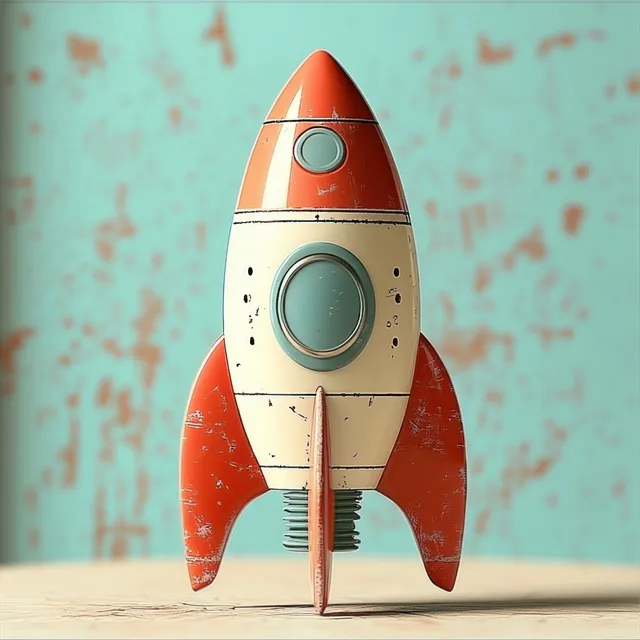 Vintage toy rocket with orange fins and cream body standing on a wooden surface against a textured teal background.