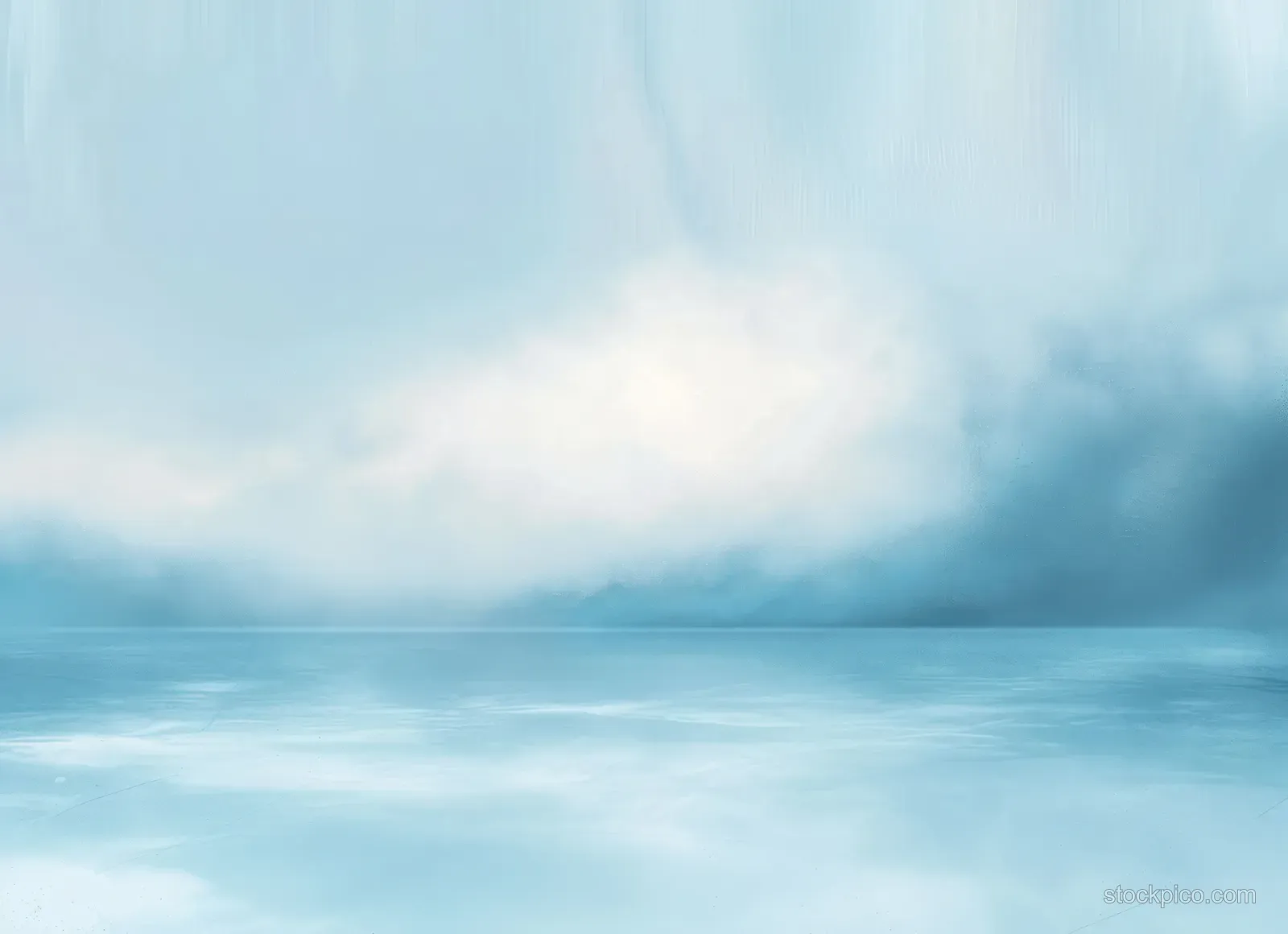 A smooth frozen lake under a pale blue overcast sky with faint reflections along the distant horizon.