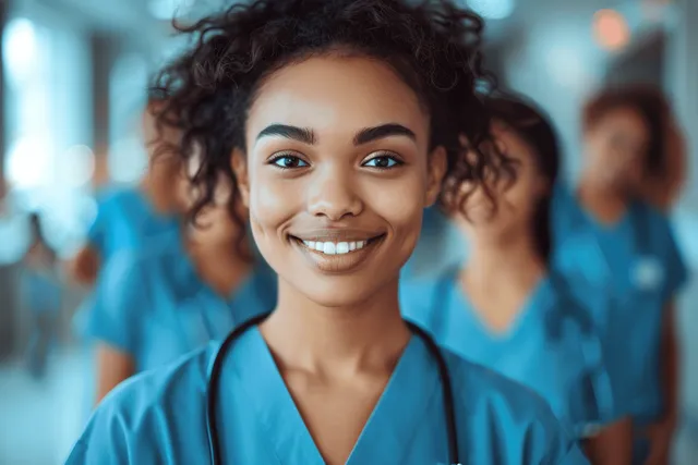 Smiling young nurse in blue scrubs wearing a stethoscope in a softly blurred hospital hallway.