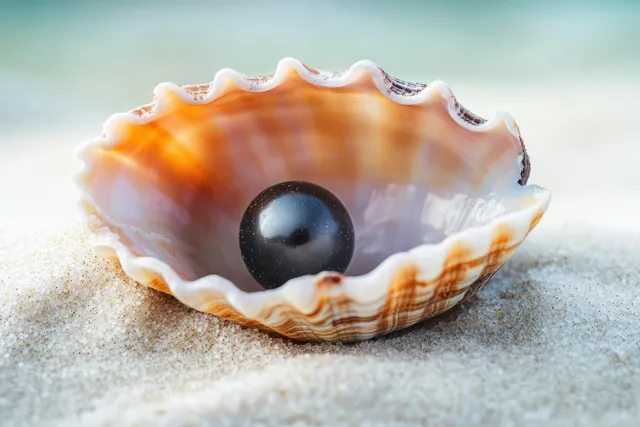 Black Pearl in Seashell on White Sand by Tropical Shore
