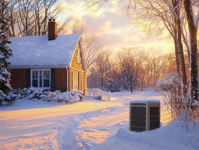 Brick house with a snow-covered roof and yard at sunset, surrounded by leafless trees and glowing winter sky.