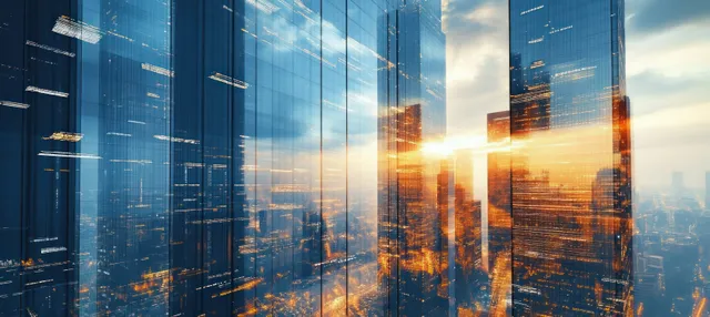 Futuristic downtown skyline with tall glass skyscrapers and glowing light trails reflected on building surfaces.
