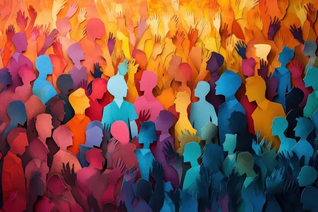 Overhead view of a colorful paper-cut crowd of diverse cheering silhouettes with layered shadows.