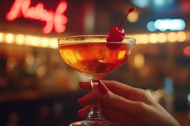 Hand holding vintage cocktail glass with cherry garnish in softly lit bar