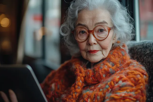 Smiling elderly woman with red glasses uses a laptop in a sunlit lounge with softly blurred background.