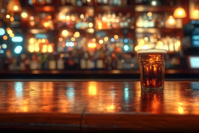 Amber beer in a glass on a wooden bar counter with glowing bokeh lights