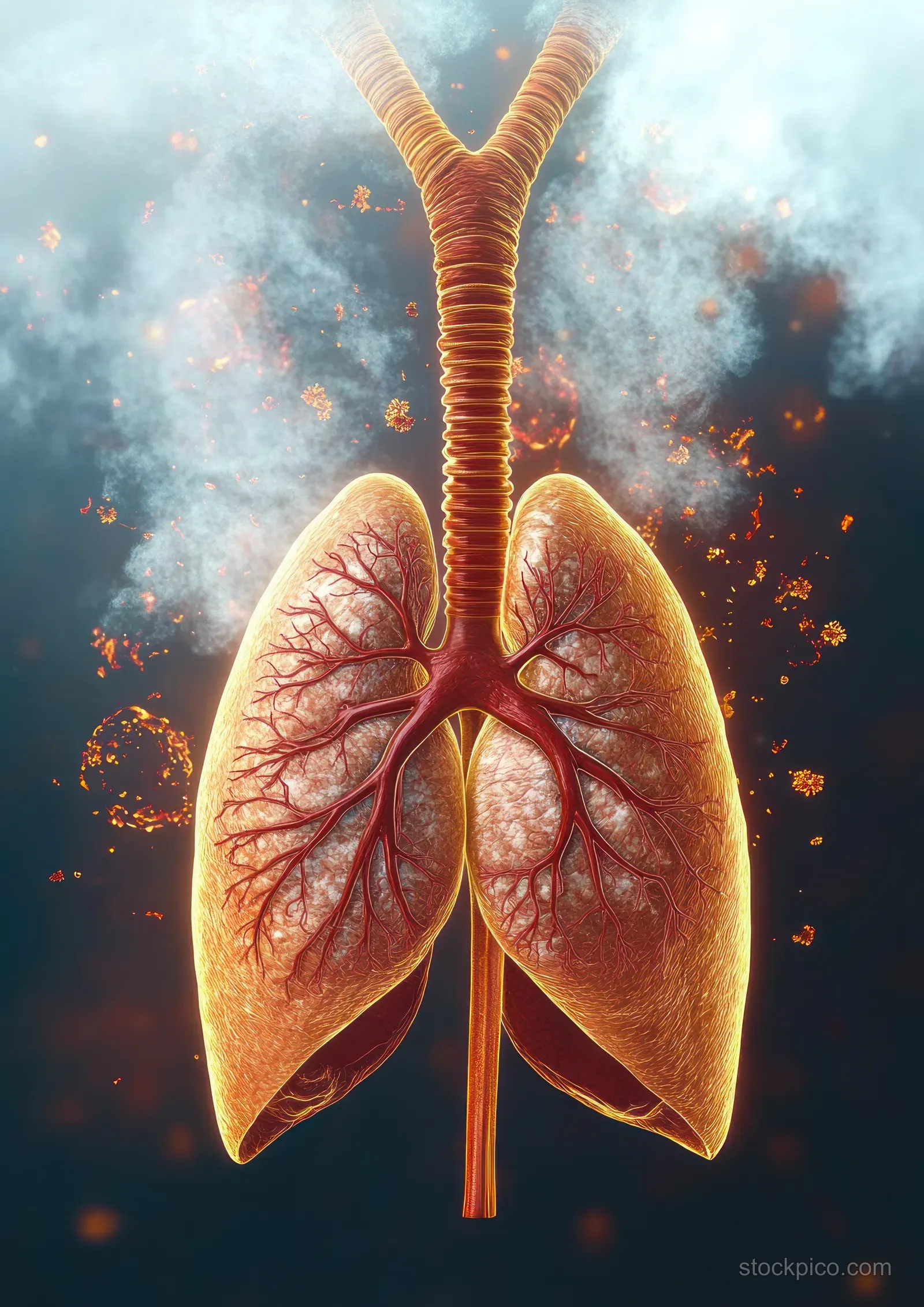 An anatomical illustration of the lungs and trachea with glowing light and surrounding smoke particles.