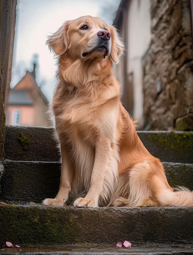 Golden retriever sits on mossy stone steps in an outdoor setting with historic buildings blurred in the background.
