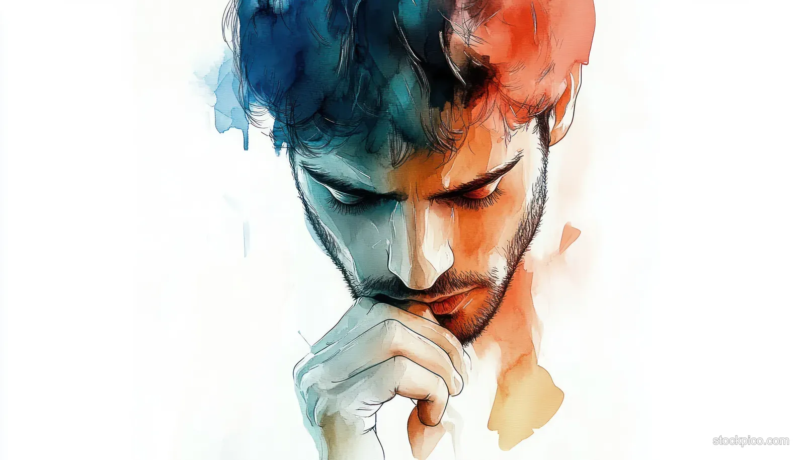 Watercolor portrait of a man praying with hands clasped, surrounded by soft pastel color splashes and dramatic light.