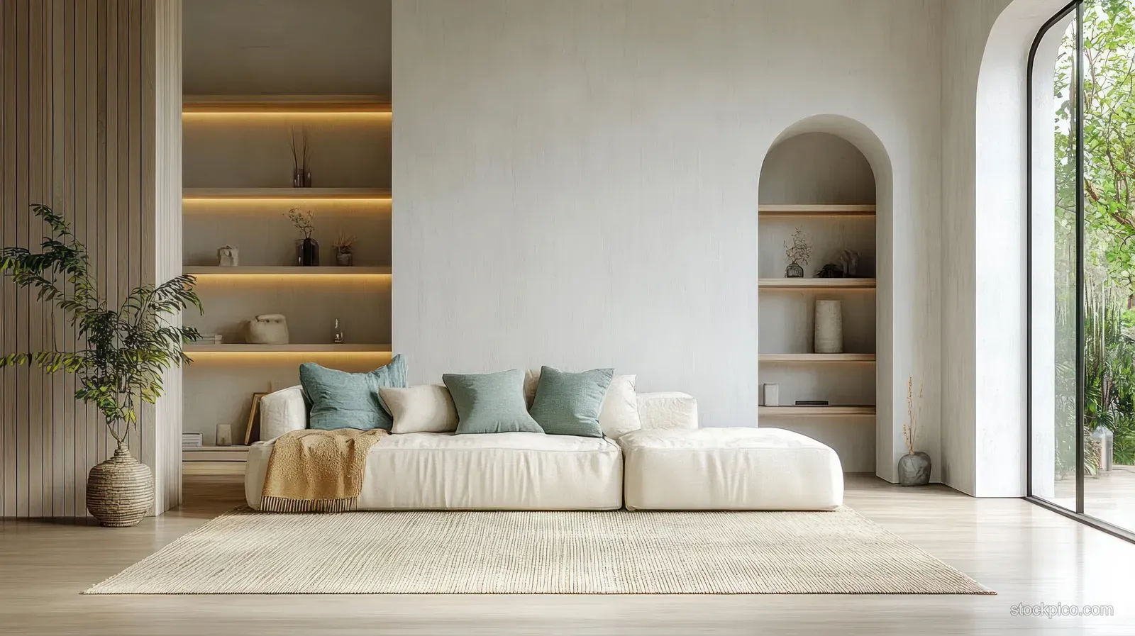 Minimal living room with cream sofa, arched built-in shelves, and soft daylight from a tall window.