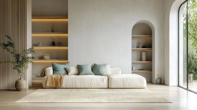 Minimal living room with cream sofa, arched built-in shelves, and soft daylight from a tall window.