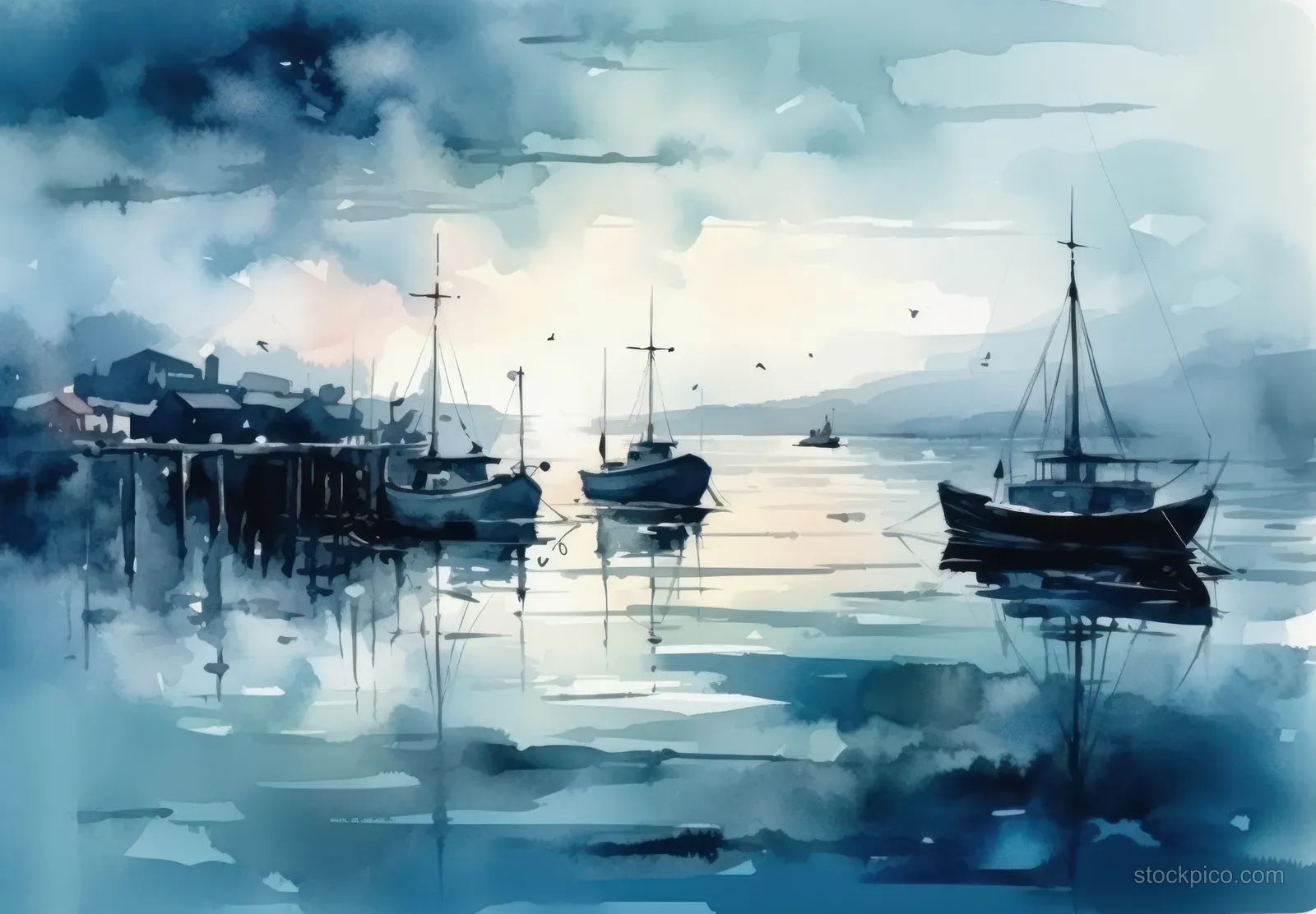 Watercolor harbor with moored sailboats, calm reflections, soft clouds, and a distant horizon.
