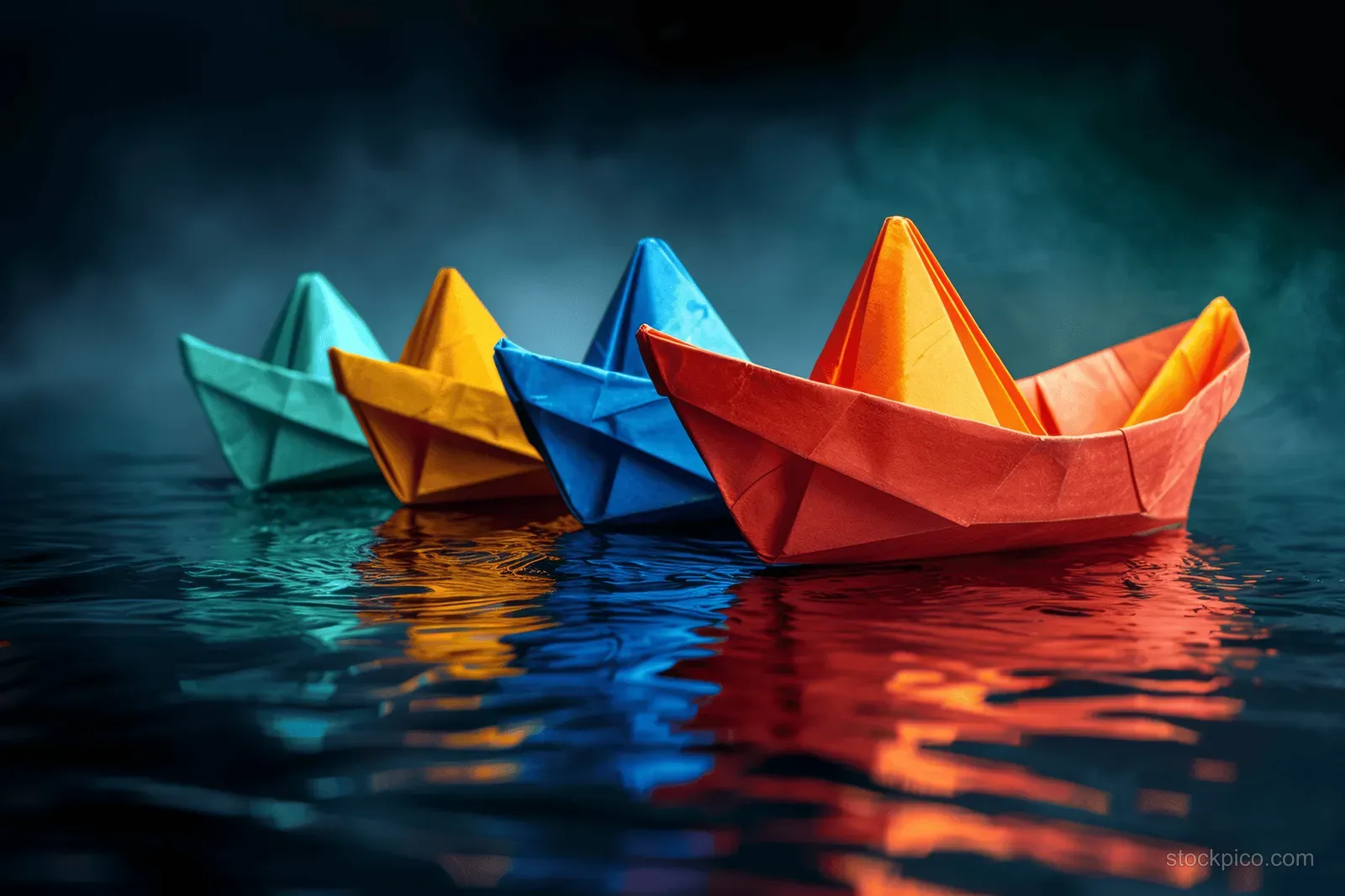 Colorful origami paper boats float on reflective water with dark misty tones and visible color reflections.