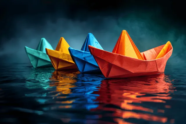Colorful origami paper boats float on reflective water with dark misty tones and visible color reflections.