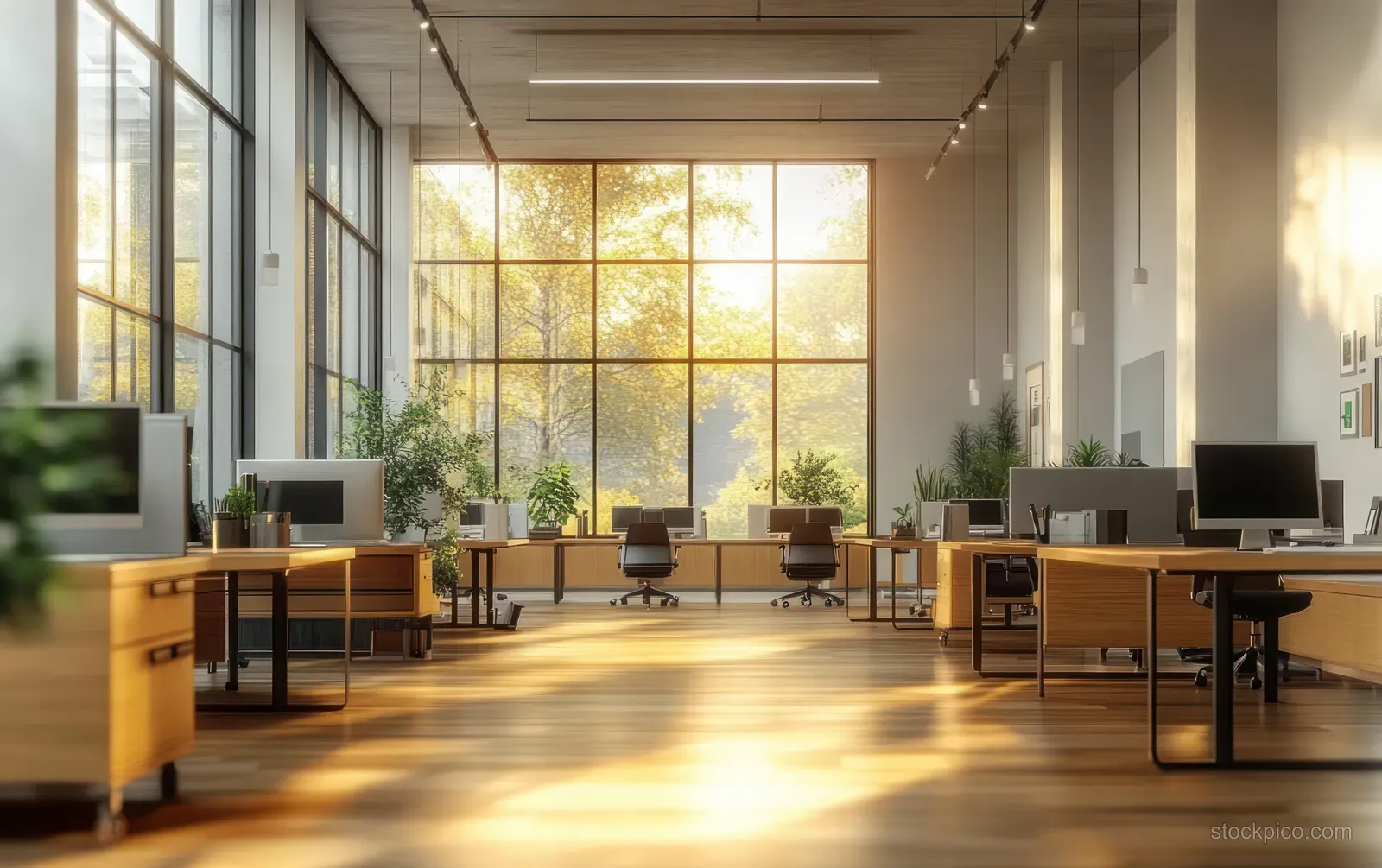 Warm sunlight streams through large windows over wooden desks with computer monitors and indoor plants in a modern office.