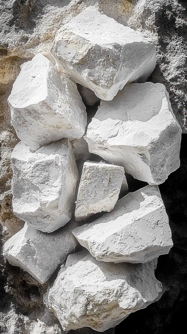Rough white chalk stones stacked against a dark rocky surface with visible mineral texture and irregular shapes.