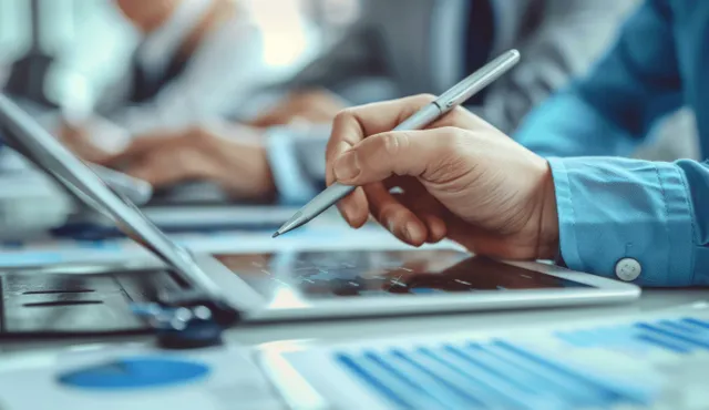 A hand writes with a pen over finance documents while others sit in a blurred business meeting.