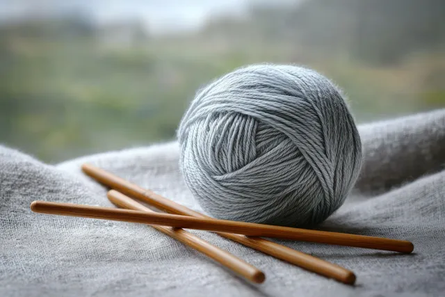 Gray ball of yarn with three wooden knitting needles resting on textured fabric against a blurred outdoor background.