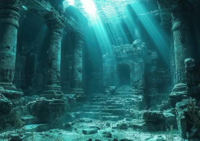 Sunbeams illuminate ancient underwater stone arches with coral growth and scattered debris on the seafloor.
