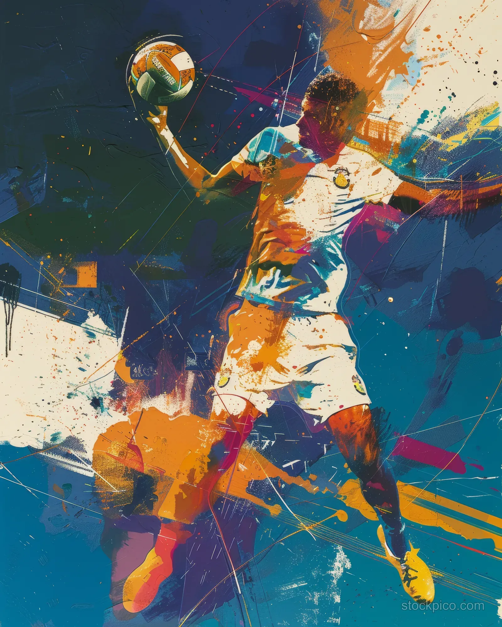 A dynamic men’s handball player is captured in mid-action, showcasing athleticism and vibrant colors in a modern sports poster.