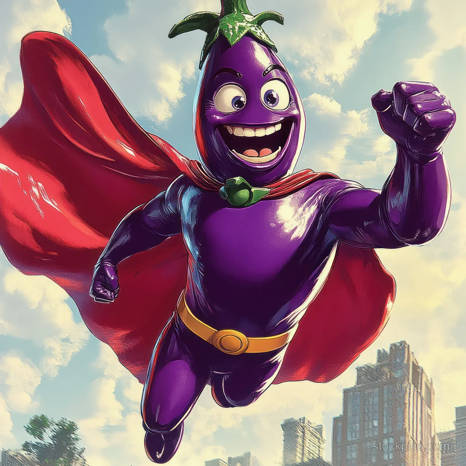 A purple eggplant superhero flies above skyscrapers, wearing a red glowing cape against cloudy sky.