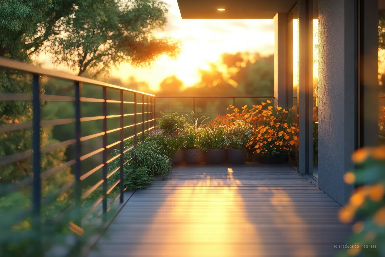 Golden-hour light illuminates a modern balcony with aluminum railings and potted plants.