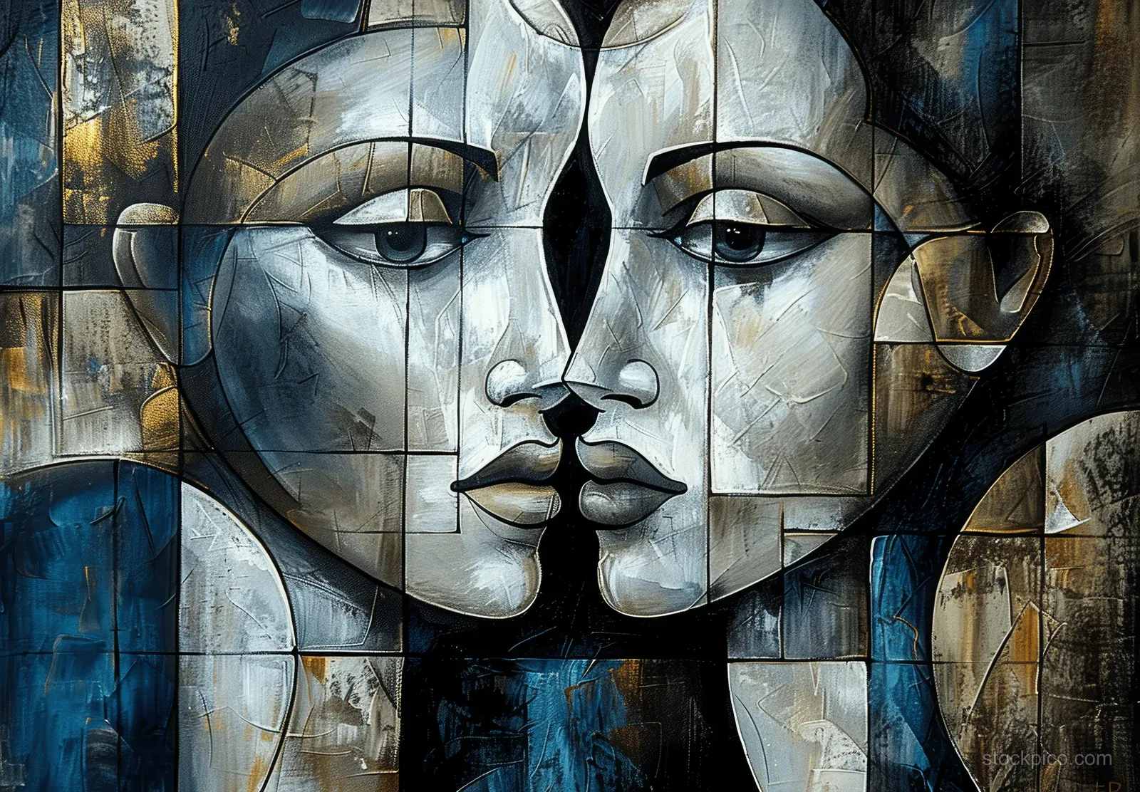 Cubist-style abstract faces merge from geometric panels over a textured blue-gray background.