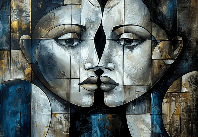 Cubist-style abstract faces merge from geometric panels over a textured blue-gray background.