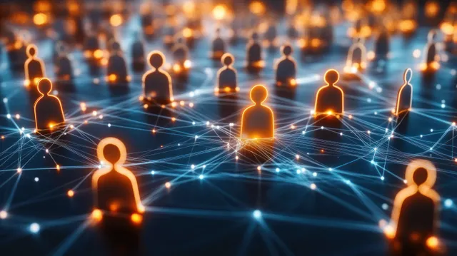 Glowing human figures connected by orange and blue network lines