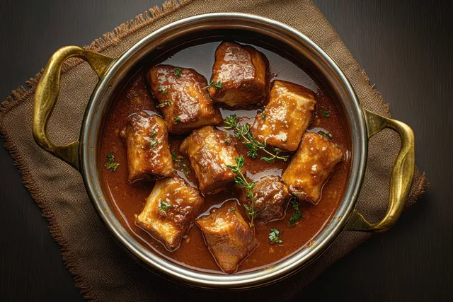 Braised meat cubes in a round pot of glossy brown sauce garnished with herbs on textured brown cloth.