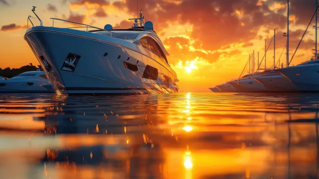 Luxury yacht rests in a marina as orange sunset light reflects across calm water and surrounding boats.