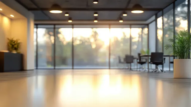 Warm-lit minimalist office lobby with large windows and blurred empty desks in the background.