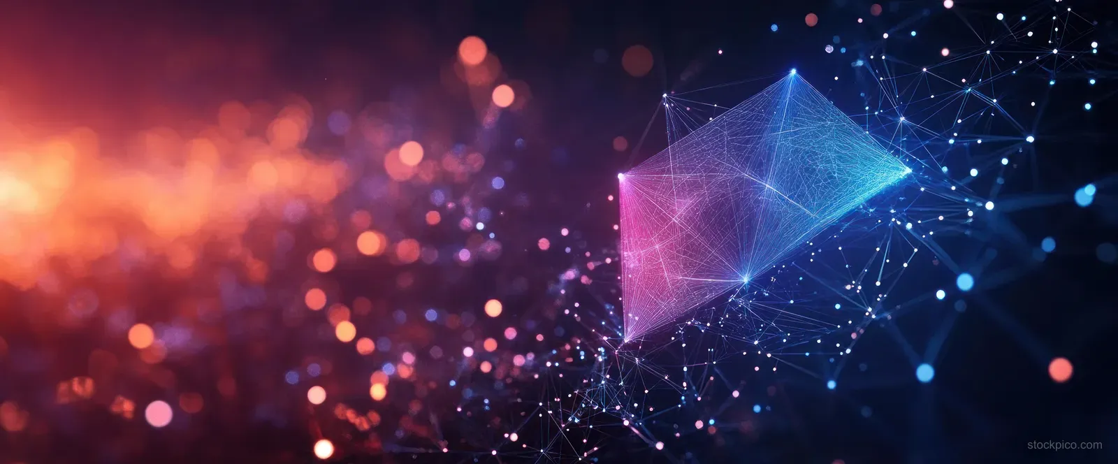 Dark cyberpunk landscape with glowing blue and purple polygon network forming a floating hologram over scattered data lights.