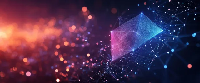 Cyberpunk digital landscape with glowing polygon networks and floating data points at night