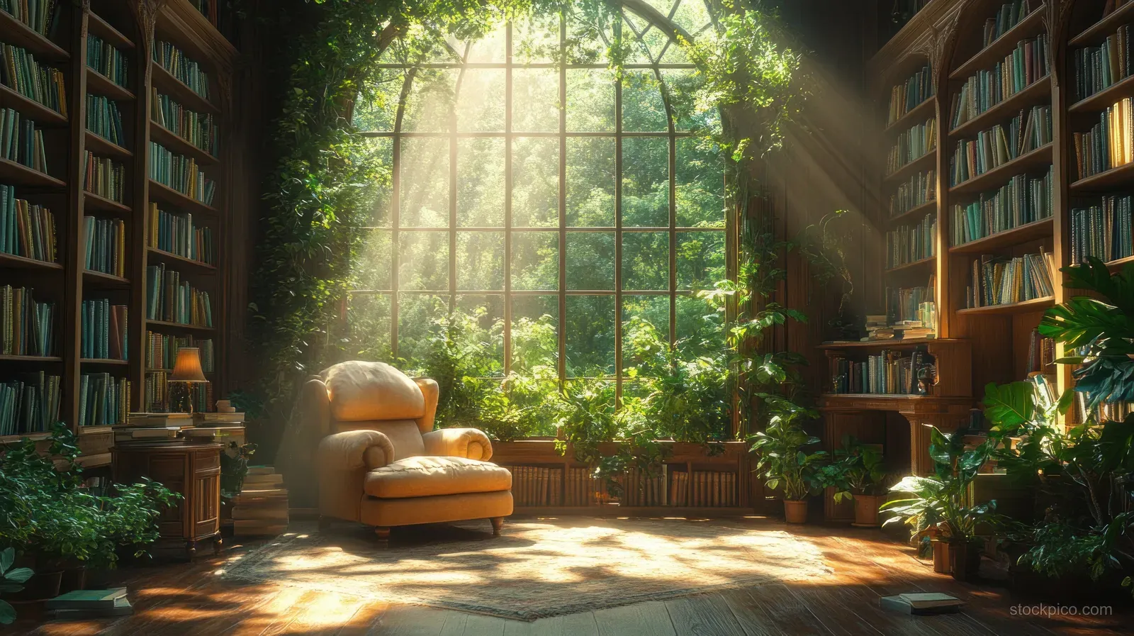 Plush armchair in an Art Nouveau library with towering bookshelves and warm sunlight streaming through a window.