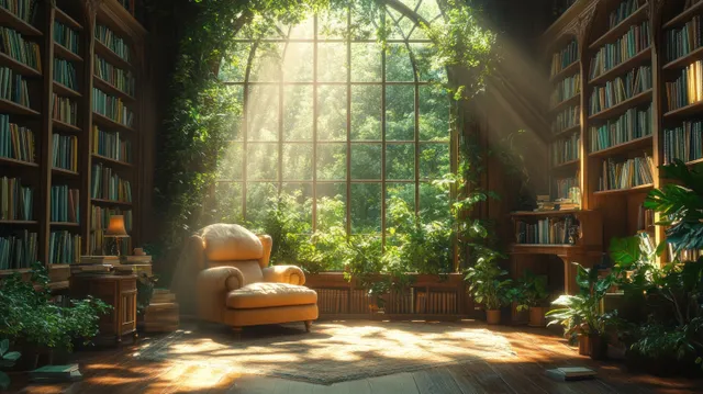 Plush armchair in an Art Nouveau library with towering bookshelves and warm sunlight streaming through a window.