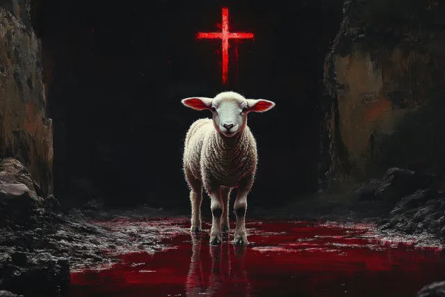 White lamb in a dark cave with a glowing red cross and blood-red ground.