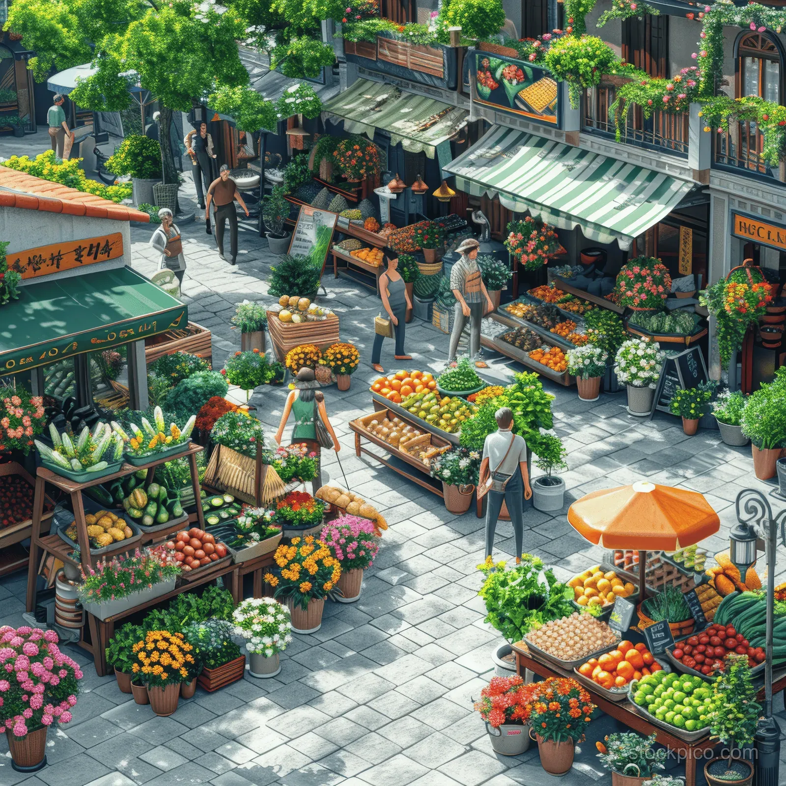 A lively farmers market alley filled with colorful produce stalls and bustling shoppers enjoying the vibrant atmosphere.