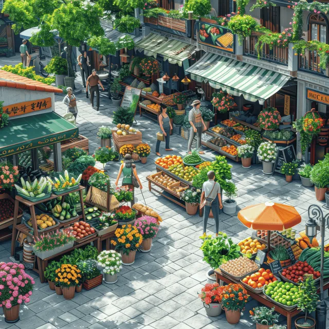 A lively farmers market alley filled with colorful produce stalls and bustling shoppers enjoying the vibrant atmosphere.