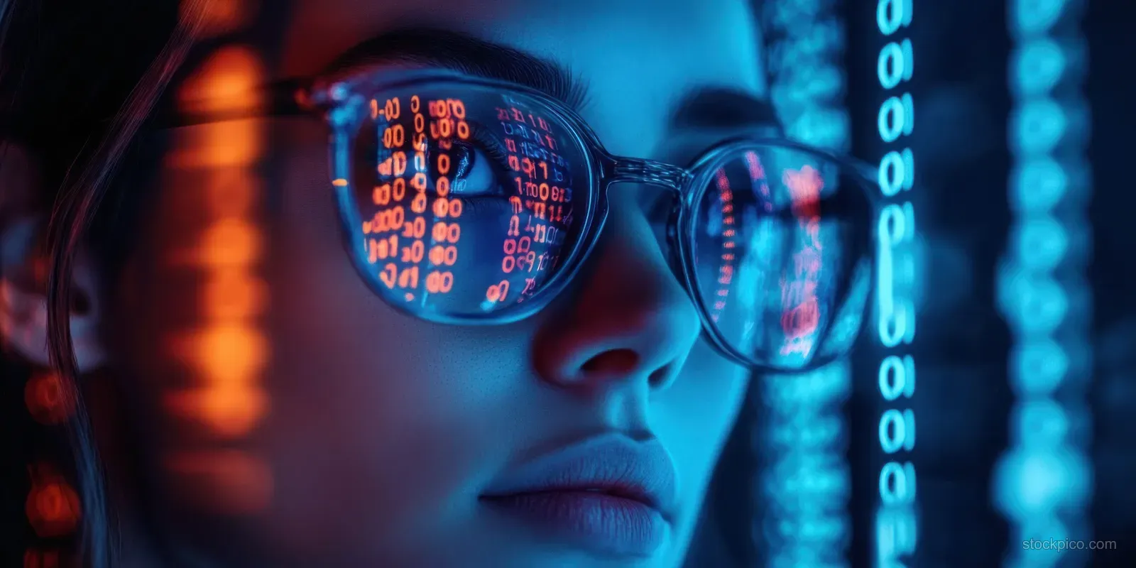Scientist with reflective glasses studies glowing code and data on neon-lit screens in a cyberpunk lab.