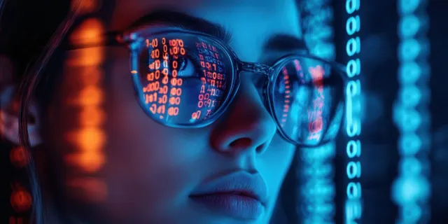 Scientist in glasses analyzing glowing code and mathematical data in neon cyberpunk lab