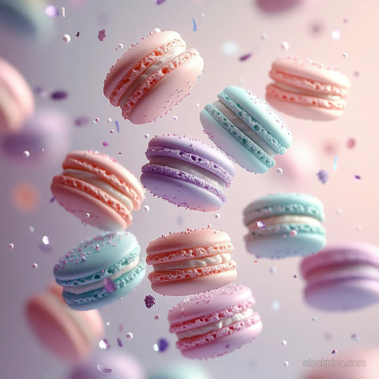 Pastel macarons hover in midair with sprinkles and crumbs scattered across a soft, pale background.