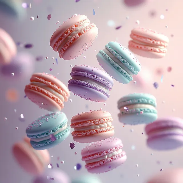 Pastel macarons hover in midair with sprinkles and crumbs scattered across a soft, pale background.