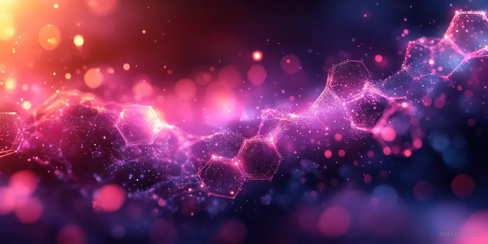 Glowing hexagonal medical network with pink and purple particles floating over a dark bokeh background.