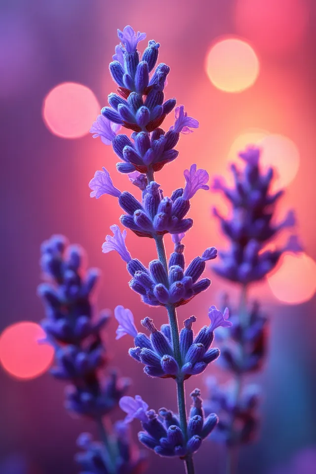 Lavender blossoms glowing in soft pink bokeh garden light