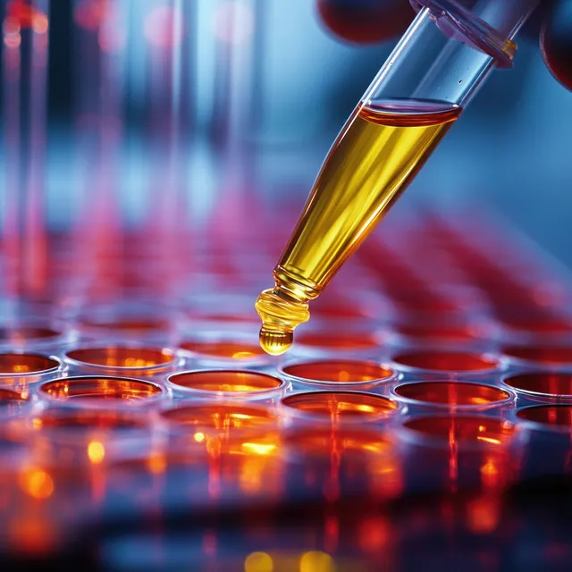 A pipette deposits a yellow liquid drop into microplate wells in a bright laboratory setting.